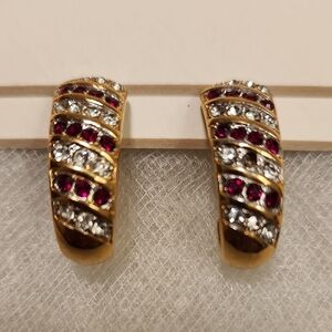 Monet Vintage Gold Tone J Hoop Clip Earrings Red and Clear Stones